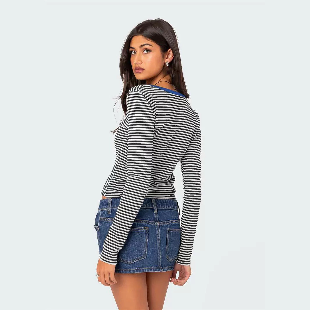 Hot Sale New Contrasting Striped Knitted Sweater Clothes Women's Summer Top Button Slim Shoulder T-Shirt Pure Cotton Fashion Sense