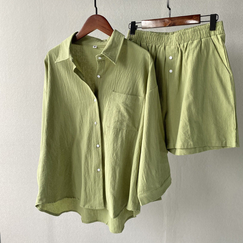 Vintage Plus Size 2-Piece Cotton-Linen Shirt Dress & High-Waisted Wide-Leg Shorts Summer Casual Outfit