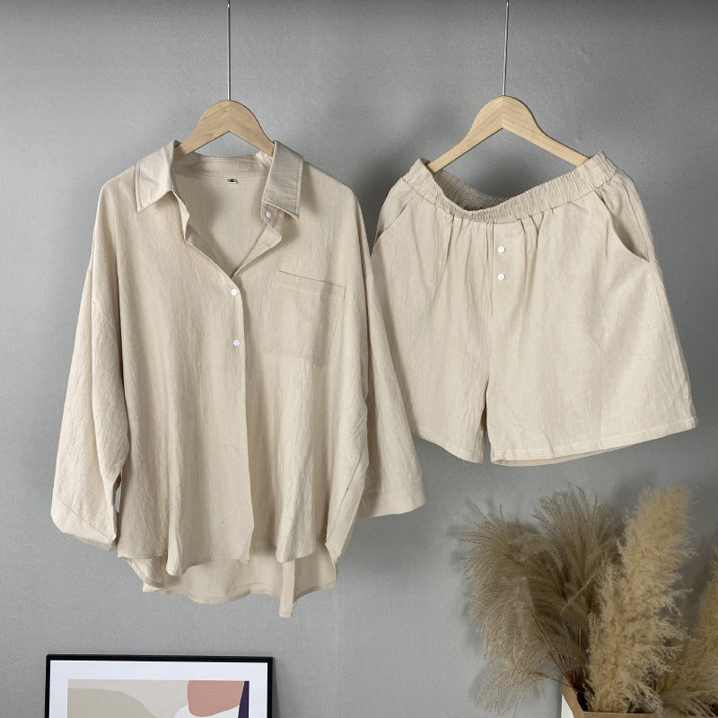 Vintage Plus Size 2-Piece Cotton-Linen Shirt Dress & High-Waisted Wide-Leg Shorts Summer Casual Outfit