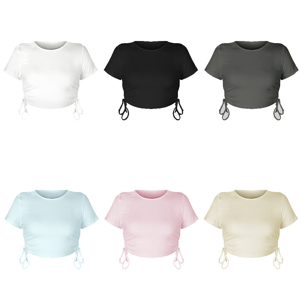 Stylish and sexy pit strip open button short drawstring strap round neck short sleeve T-shirt European and American women's clothing bm top