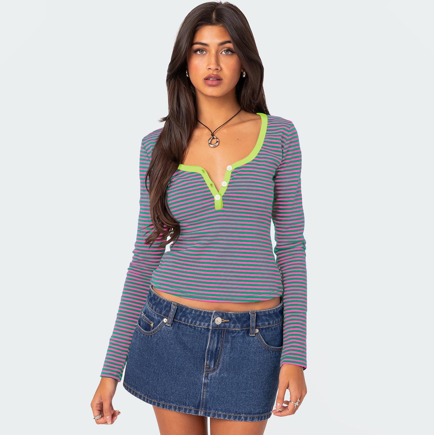 Hot Sale New Contrasting Striped Knitted Sweater Clothes Women's Summer Top Button Slim Shoulder T-Shirt Pure Cotton Fashion Sense