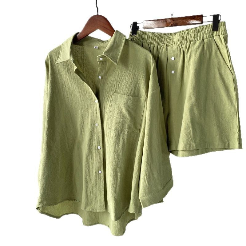 Vintage Plus Size 2-Piece Cotton-Linen Shirt Dress & High-Waisted Wide-Leg Shorts Summer Casual Outfit
