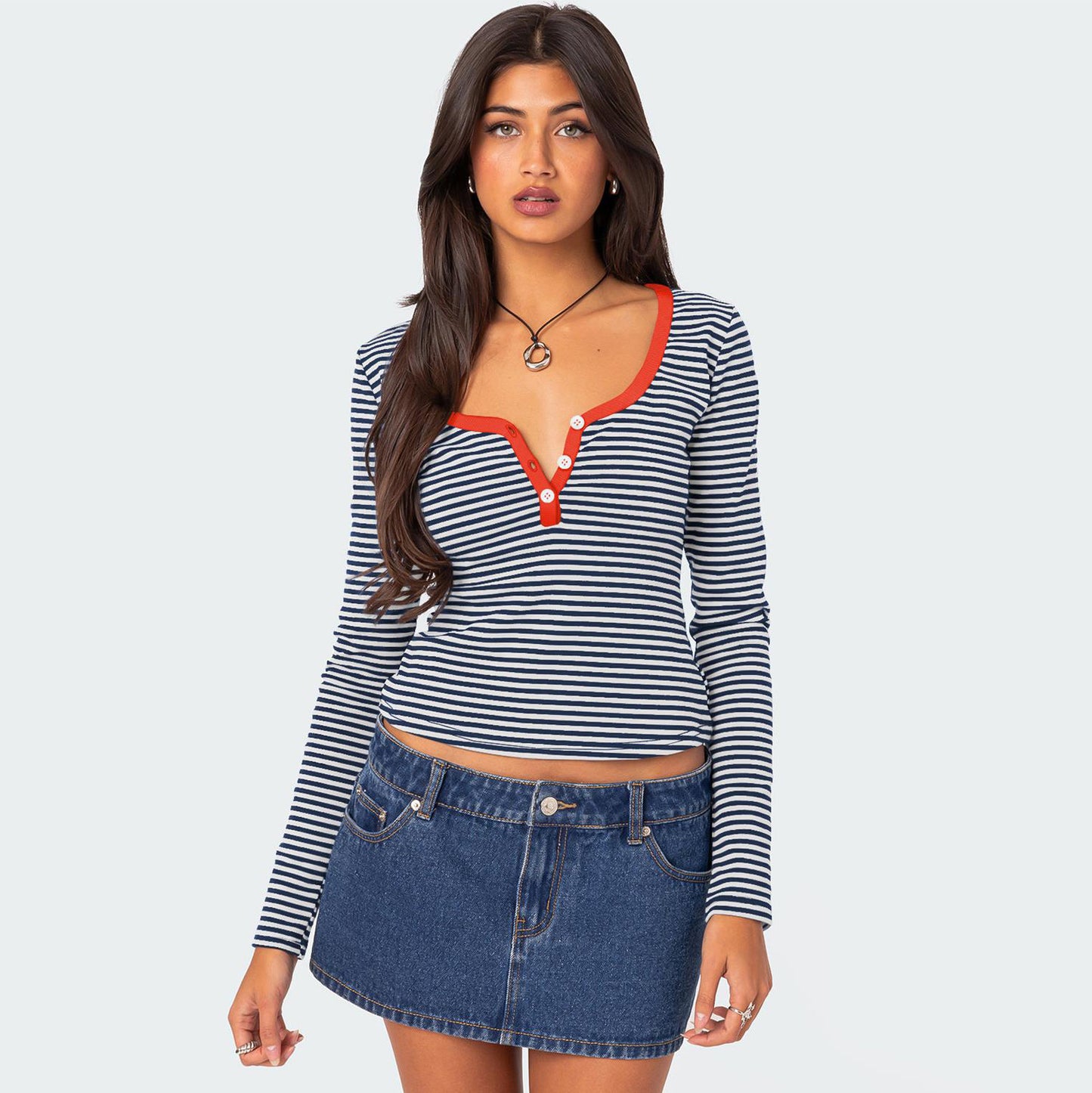 Hot Sale New Contrasting Striped Knitted Sweater Clothes Women's Summer Top Button Slim Shoulder T-Shirt Pure Cotton Fashion Sense