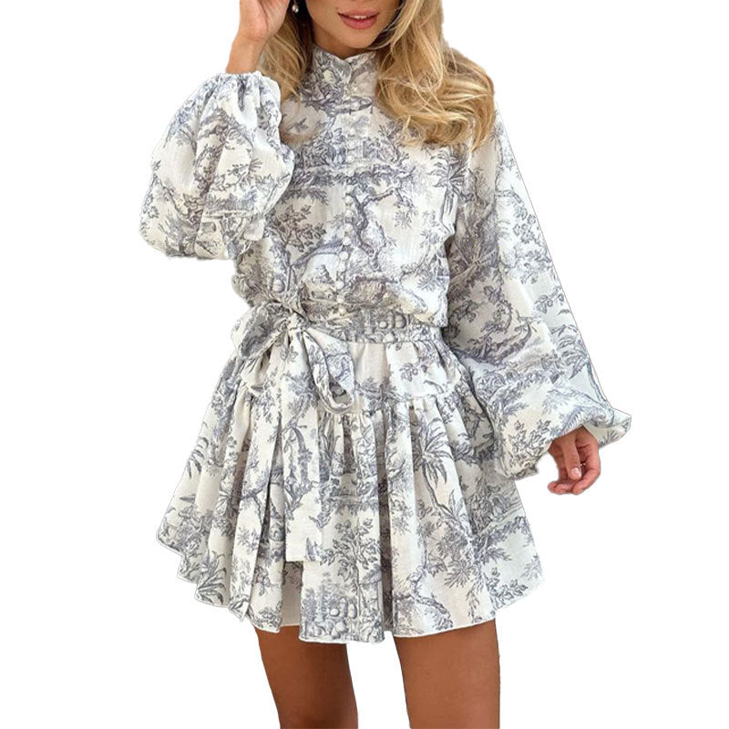 2025 independent station new European and American women's clothing temperament elegant fashion long-sleeved lace-up national style printed European and American dress