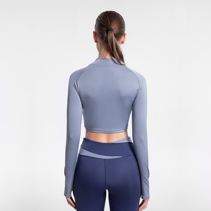 2025 Summer Women’s Two-Tone Yoga Crop Top - High Neck Quick-Dry Outdoor Fitness Activewear