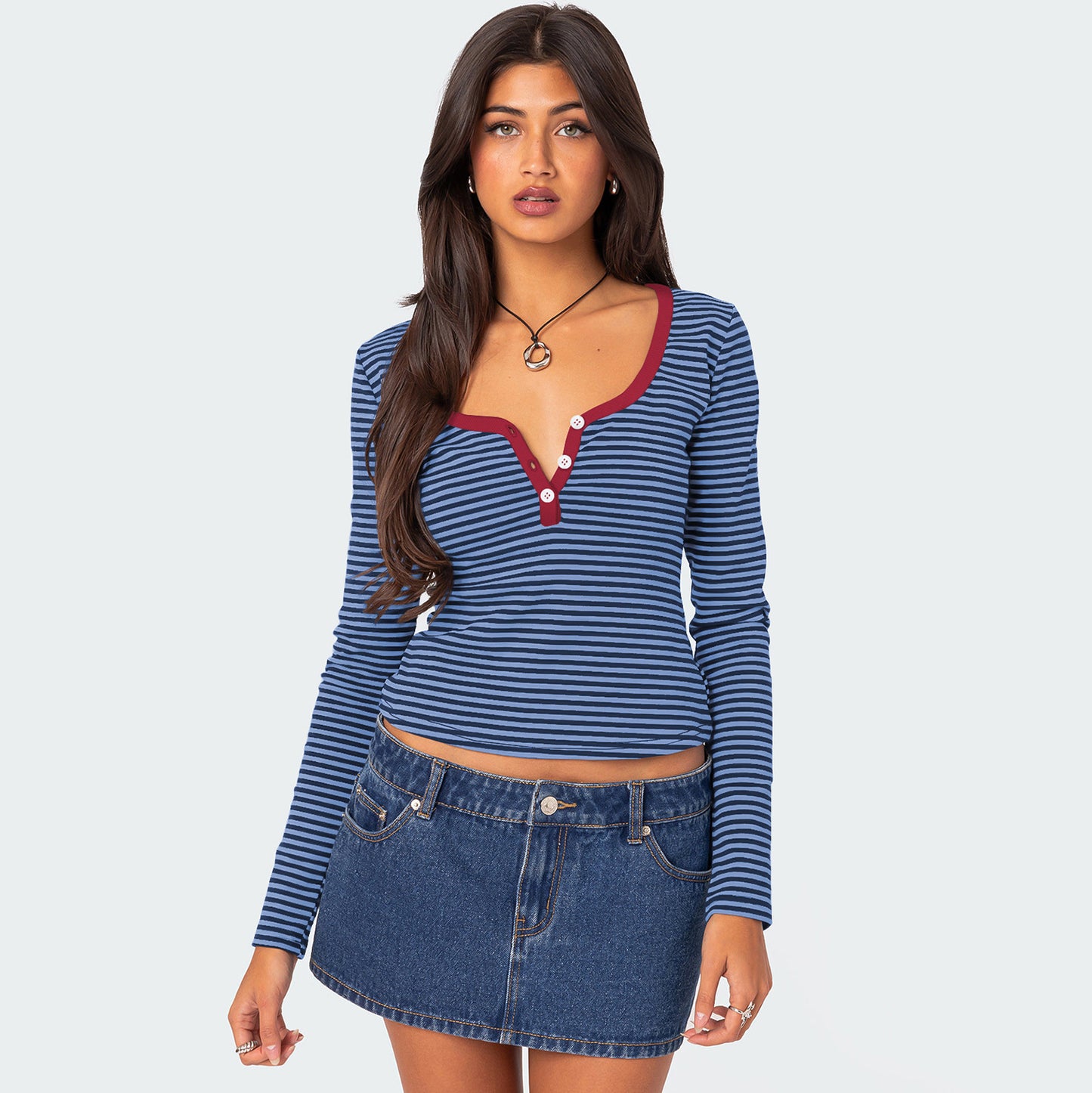 Hot Sale New Contrasting Striped Knitted Sweater Clothes Women's Summer Top Button Slim Shoulder T-Shirt Pure Cotton Fashion Sense