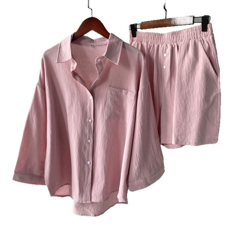 Vintage Plus Size 2-Piece Cotton-Linen Shirt Dress & High-Waisted Wide-Leg Shorts Summer Casual Outfit