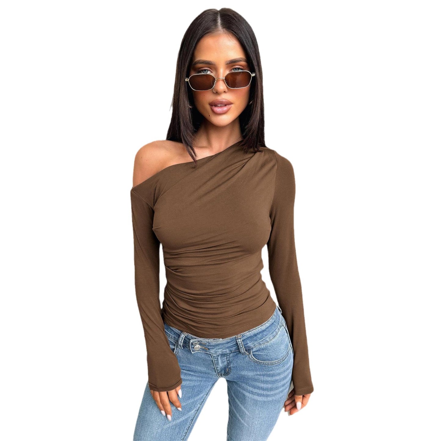 Y2K women's t-shirt 2025 new diagonal neck off-the-shoulder long-sleeved knitted sweater summer high-end hot girl top women's design sense
