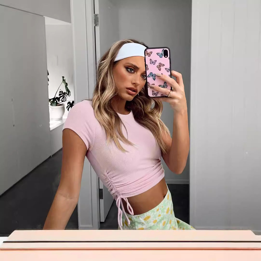 Stylish and sexy pit strip open button short drawstring strap round neck short sleeve T-shirt European and American women's clothing bm top