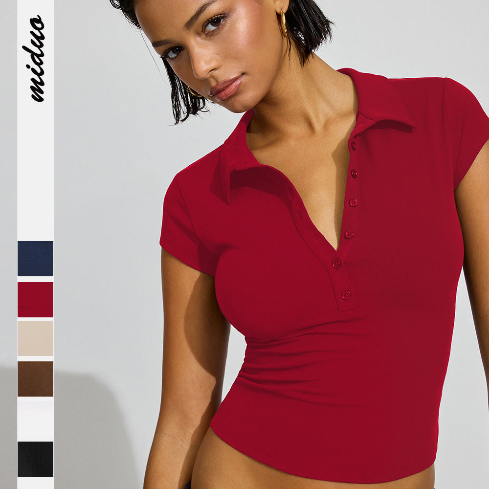 2025 spring and summer new European and American POLO collar button short sleeve tight sports waist versatile top fashionable and loose, leading the trend!
