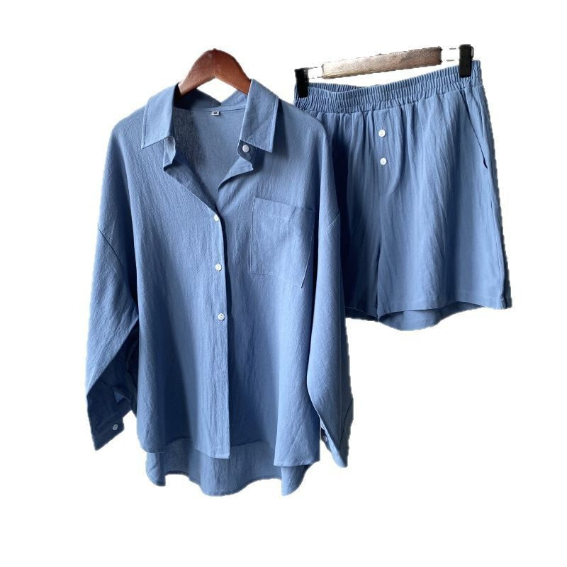 Vintage Plus Size 2-Piece Cotton-Linen Shirt Dress & High-Waisted Wide-Leg Shorts Summer Casual Outfit