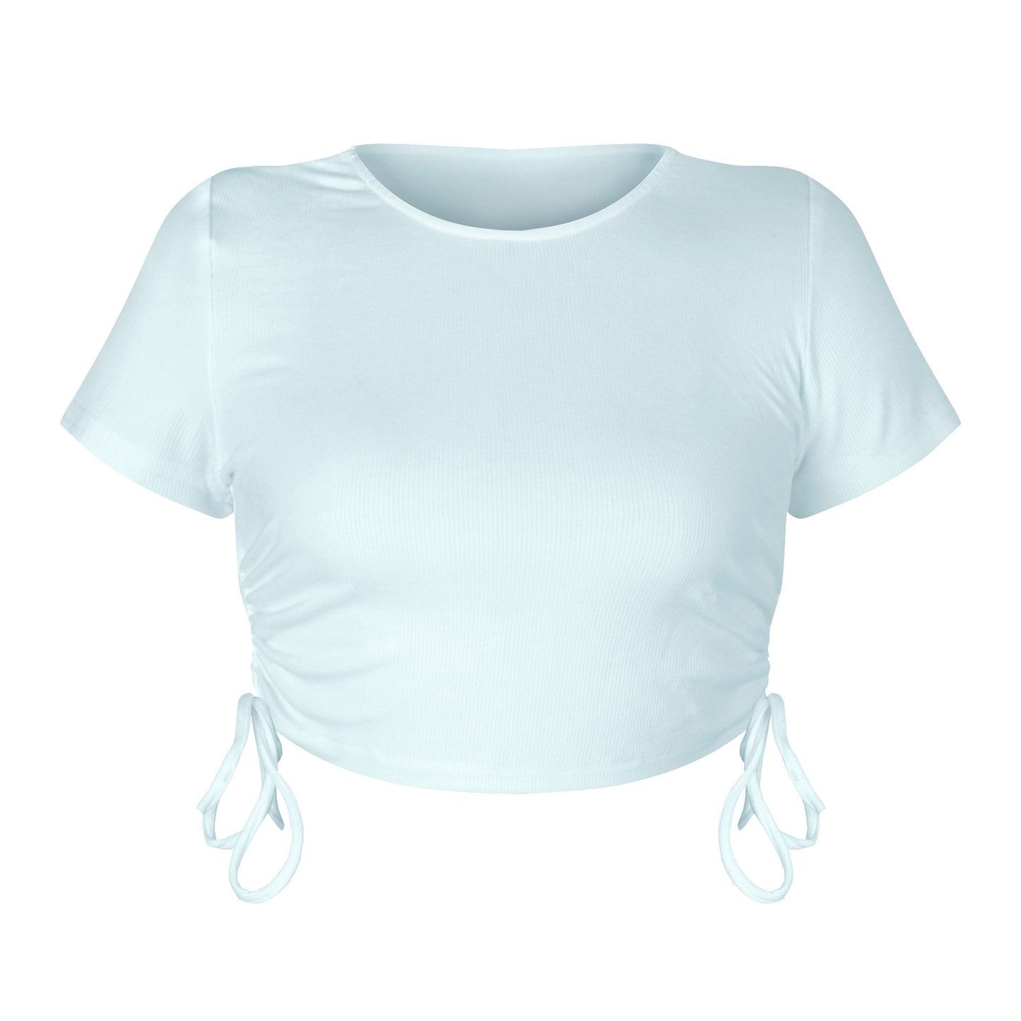 Stylish and sexy pit strip open button short drawstring strap round neck short sleeve T-shirt European and American women's clothing bm top