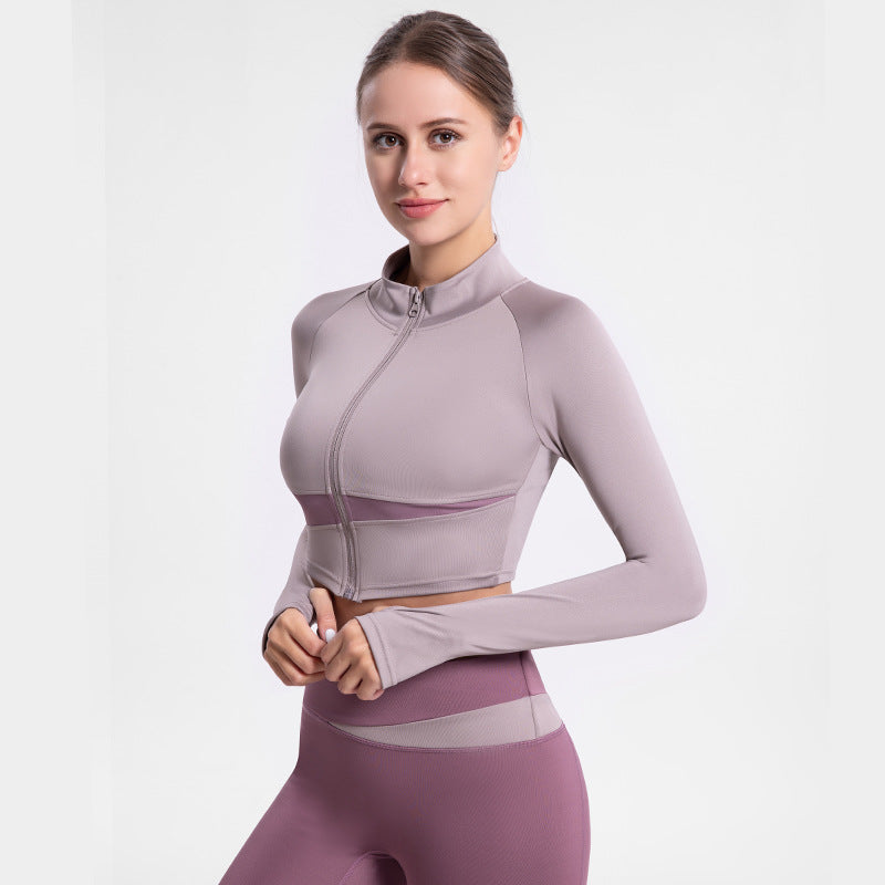 2025 Summer Women’s Two-Tone Yoga Crop Top - High Neck Quick-Dry Outdoor Fitness Activewear
