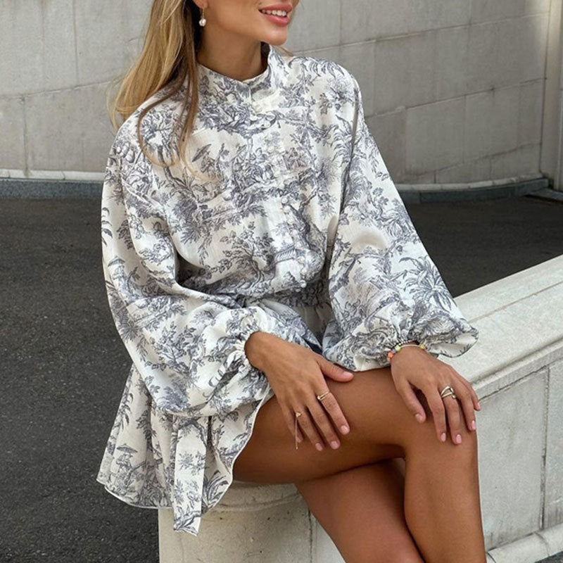2025 independent station new European and American women's clothing temperament elegant fashion long-sleeved lace-up national style printed European and American dress