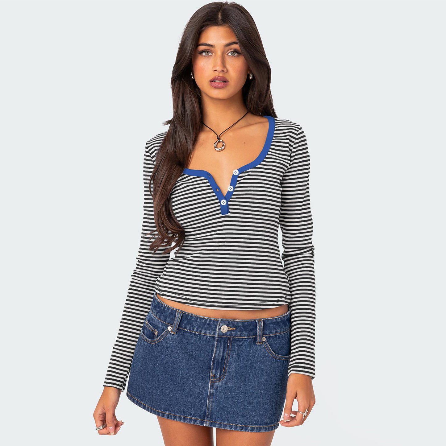 Hot Sale New Contrasting Striped Knitted Sweater Clothes Women's Summer Top Button Slim Shoulder T-Shirt Pure Cotton Fashion Sense