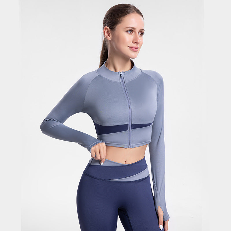 2025 Summer Women’s Two-Tone Yoga Crop Top - High Neck Quick-Dry Outdoor Fitness Activewear