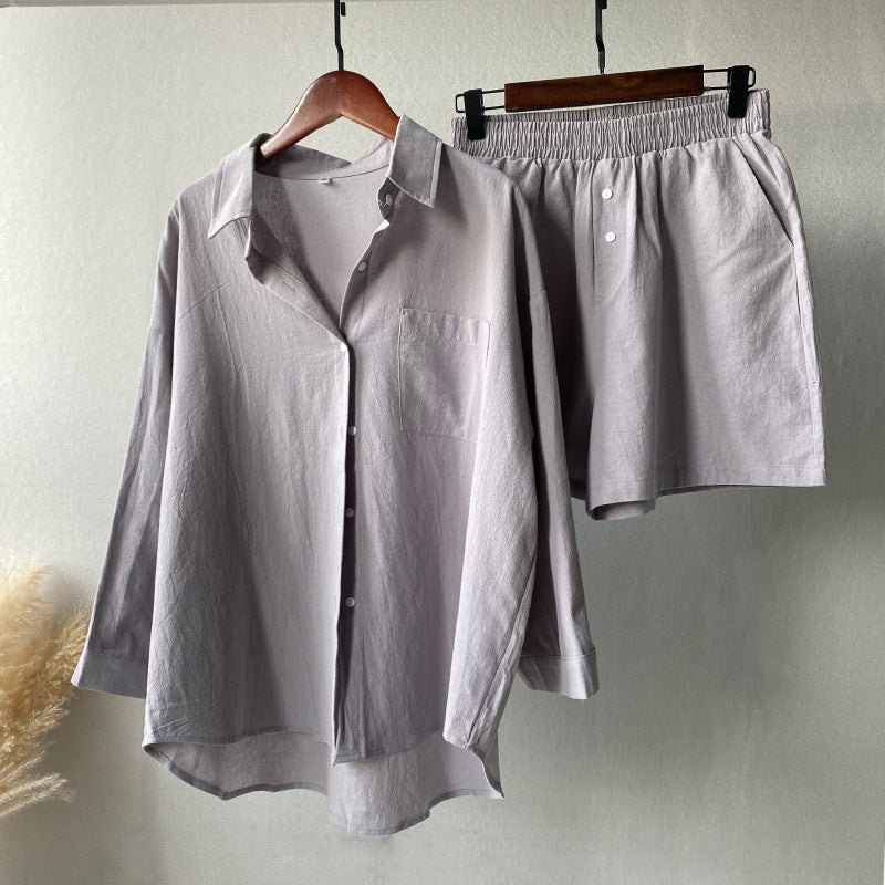 Vintage Plus Size 2-Piece Cotton-Linen Shirt Dress & High-Waisted Wide-Leg Shorts Summer Casual Outfit