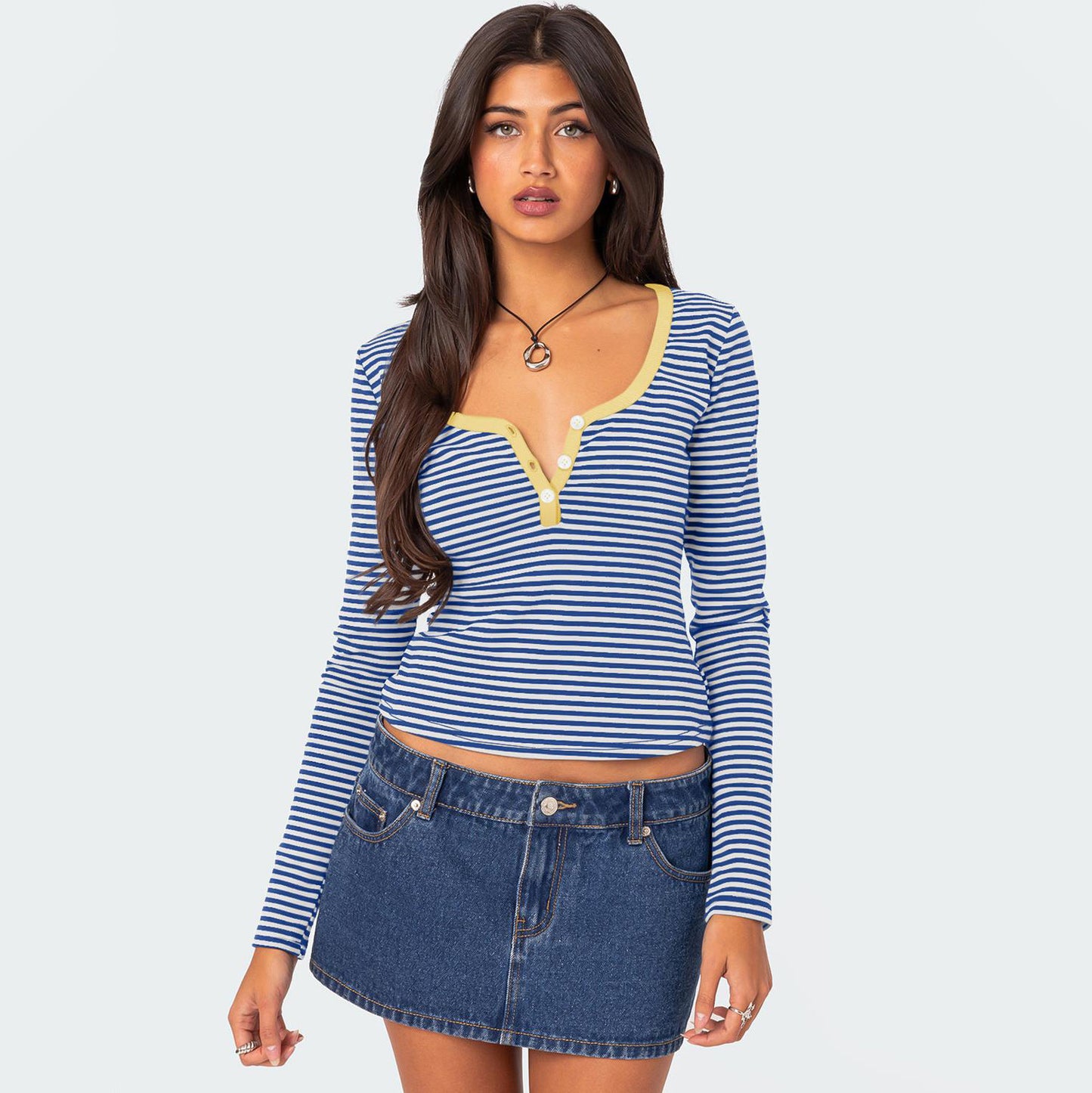 Hot Sale New Contrasting Striped Knitted Sweater Clothes Women's Summer Top Button Slim Shoulder T-Shirt Pure Cotton Fashion Sense