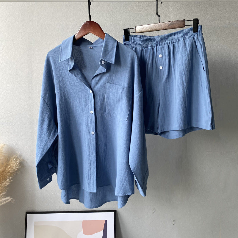Vintage Plus Size 2-Piece Cotton-Linen Shirt Dress & High-Waisted Wide-Leg Shorts Summer Casual Outfit