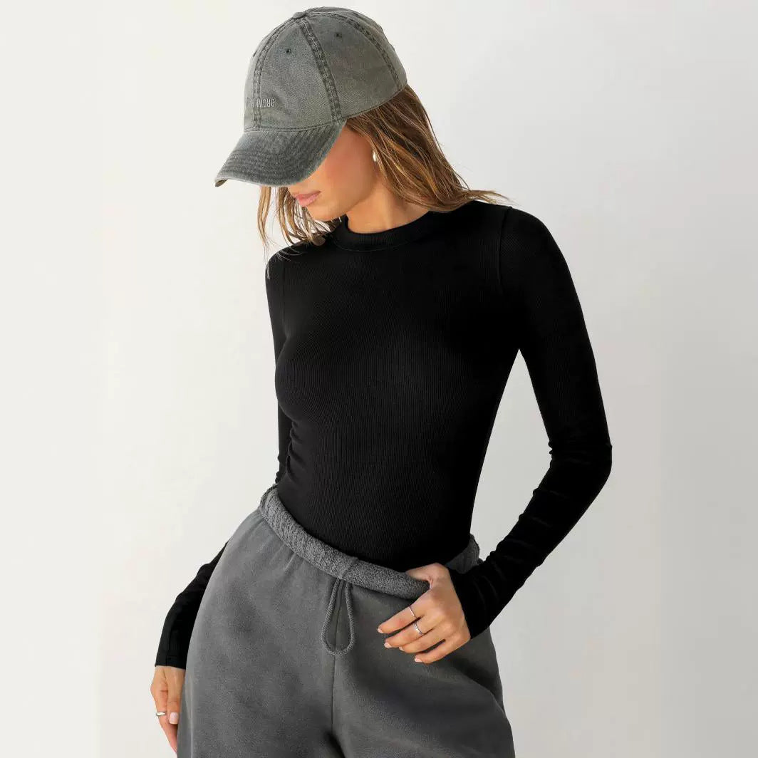 2025 New Y2K Ribbed Round Neck Long Sleeve T Shirt Women Slim Fit Crop Top Pure Desire Fashion