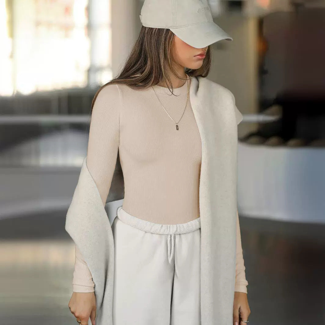 2025 New Y2K Ribbed Round Neck Long Sleeve T Shirt Women Slim Fit Crop Top Pure Desire Fashion