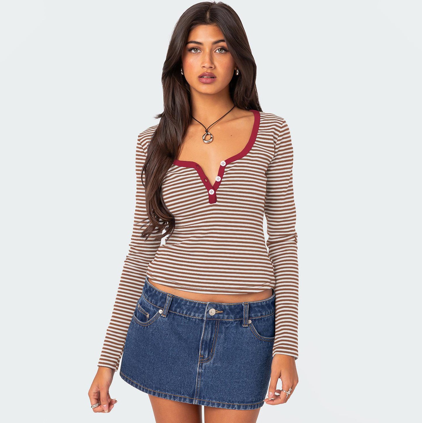 Hot Sale New Contrasting Striped Knitted Sweater Clothes Women's Summer Top Button Slim Shoulder T-Shirt Pure Cotton Fashion Sense