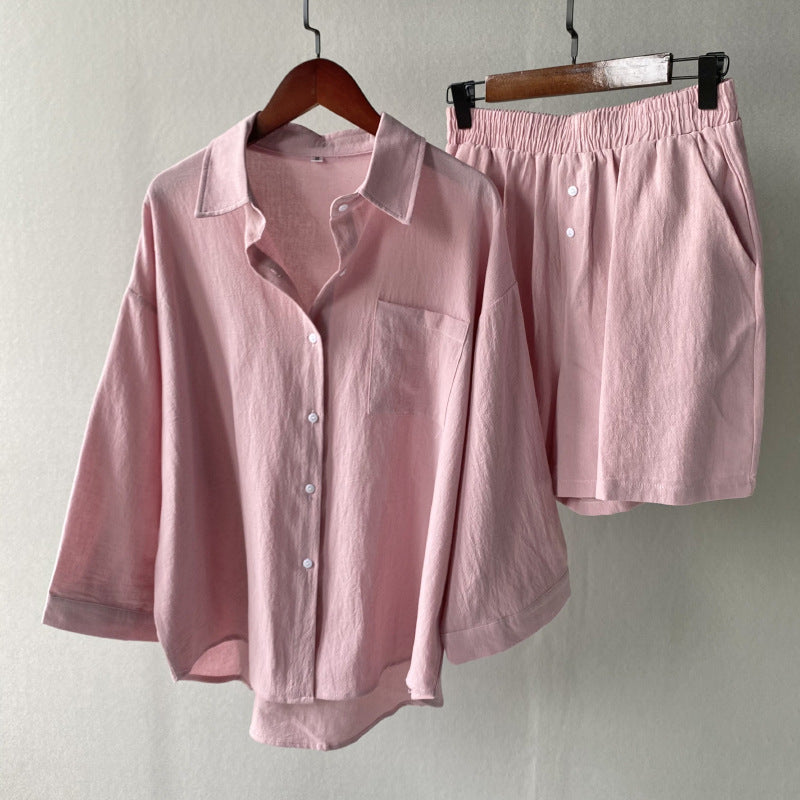 Vintage Plus Size 2-Piece Cotton-Linen Shirt Dress & High-Waisted Wide-Leg Shorts Summer Casual Outfit