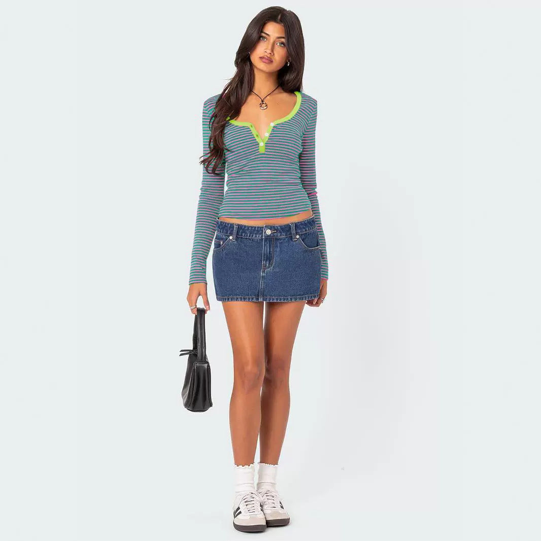 Hot Sale New Contrasting Striped Knitted Sweater Clothes Women's Summer Top Button Slim Shoulder T-Shirt Pure Cotton Fashion Sense