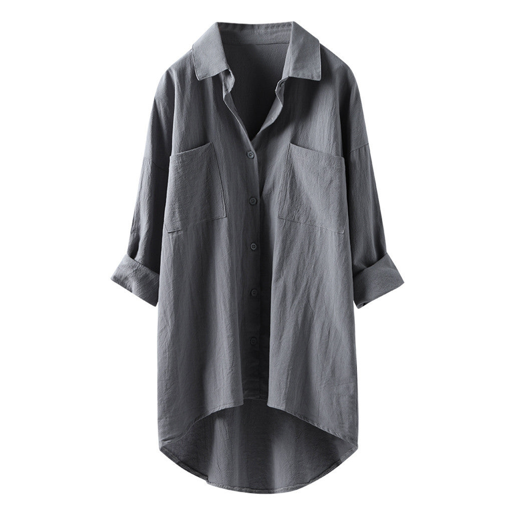 Women’s Spring Autumn Cotton Linen Shirt - Casual Button-Up Cardigan with Double Pockets, Long Sleeve Blouse for Everyday Wear