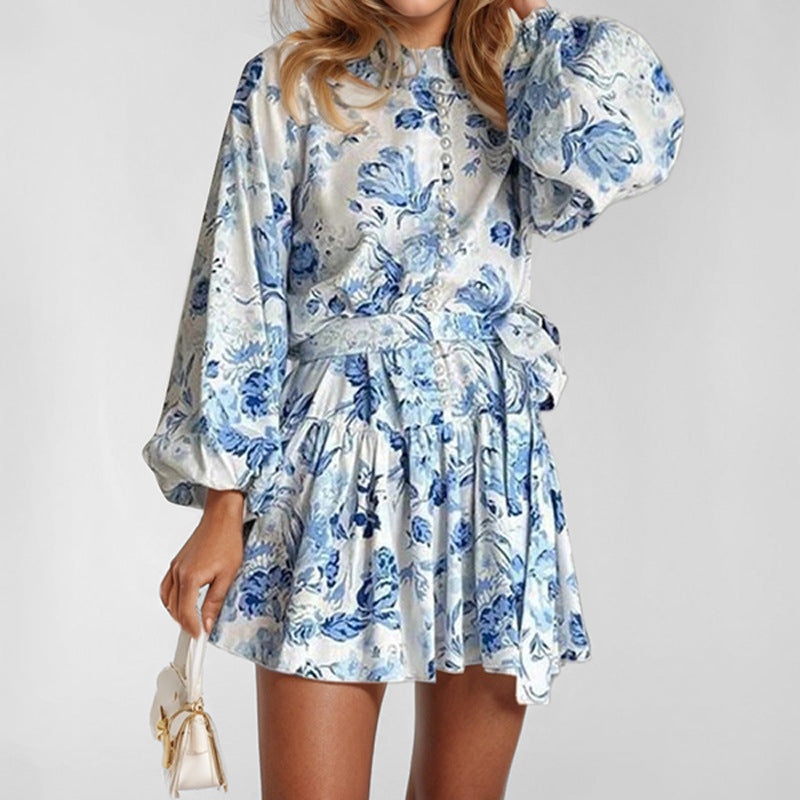 2025 independent station new European and American women's clothing temperament elegant fashion long-sleeved lace-up national style printed European and American dress