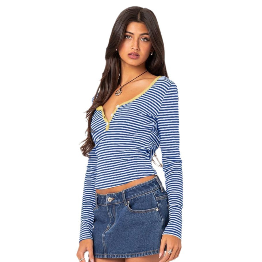 Hot Sale New Contrasting Striped Knitted Sweater Clothes Women's Summer Top Button Slim Shoulder T-Shirt Pure Cotton Fashion Sense
