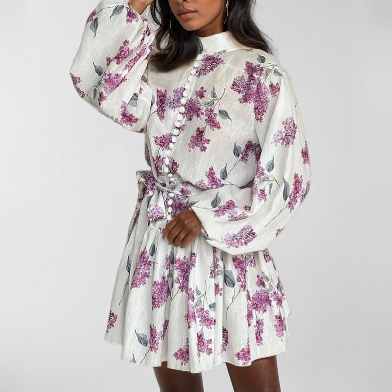 2025 independent station new European and American women's clothing temperament elegant fashion long-sleeved lace-up national style printed European and American dress