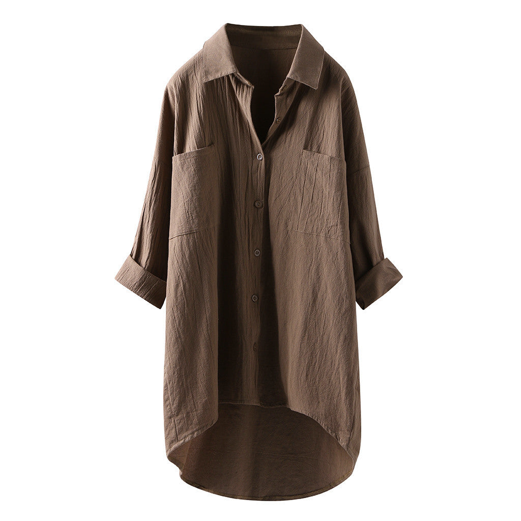 Women’s Spring Autumn Cotton Linen Shirt - Casual Button-Up Cardigan with Double Pockets, Long Sleeve Blouse for Everyday Wear