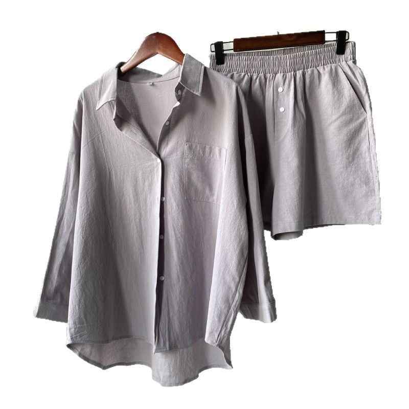 Vintage Plus Size 2-Piece Cotton-Linen Shirt Dress & High-Waisted Wide-Leg Shorts Summer Casual Outfit