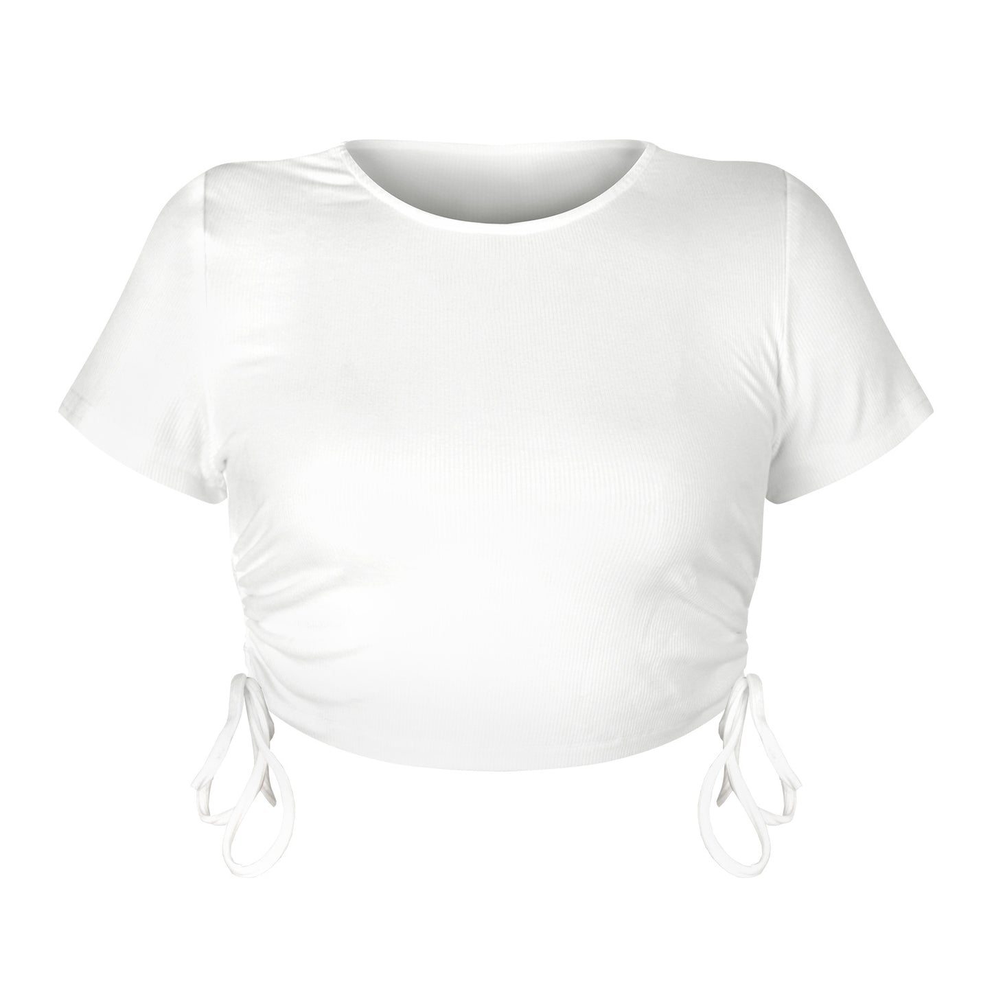 Stylish and sexy pit strip open button short drawstring strap round neck short sleeve T-shirt European and American women's clothing bm top