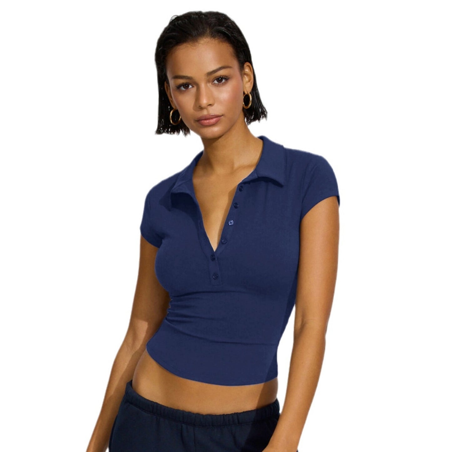 2025 spring and summer new European and American POLO collar button short sleeve tight sports waist versatile top fashionable and loose, leading the trend!