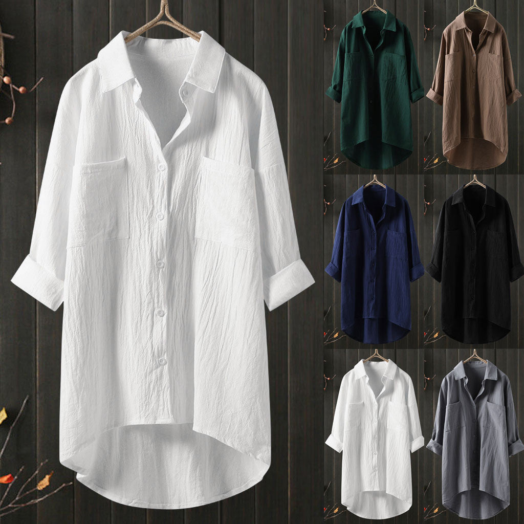 Women’s Spring Autumn Cotton Linen Shirt - Casual Button-Up Cardigan with Double Pockets, Long Sleeve Blouse for Everyday Wear