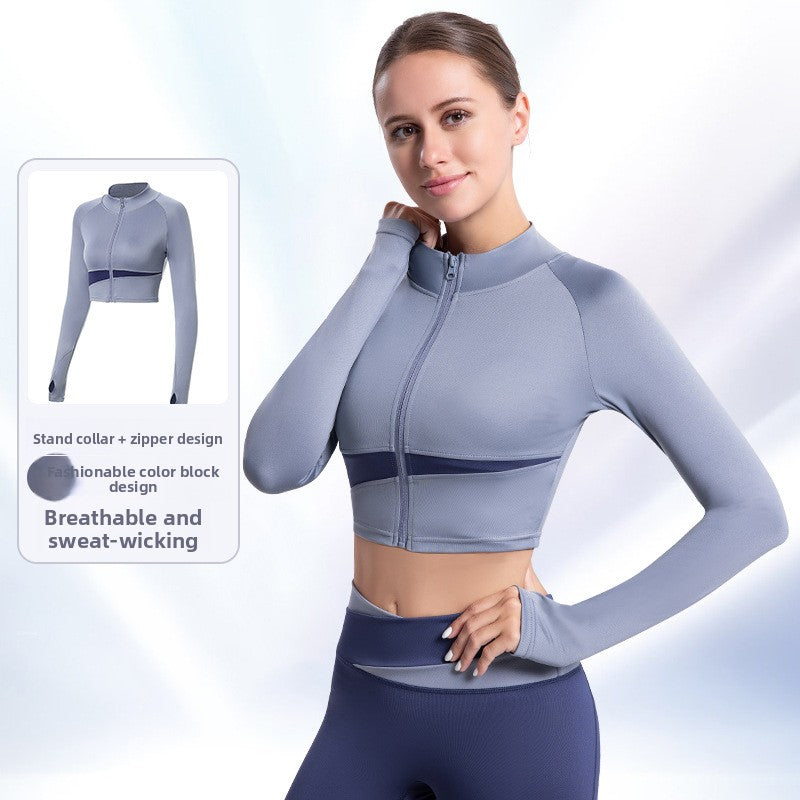 2025 Summer Women’s Two-Tone Yoga Crop Top - High Neck Quick-Dry Outdoor Fitness Activewear
