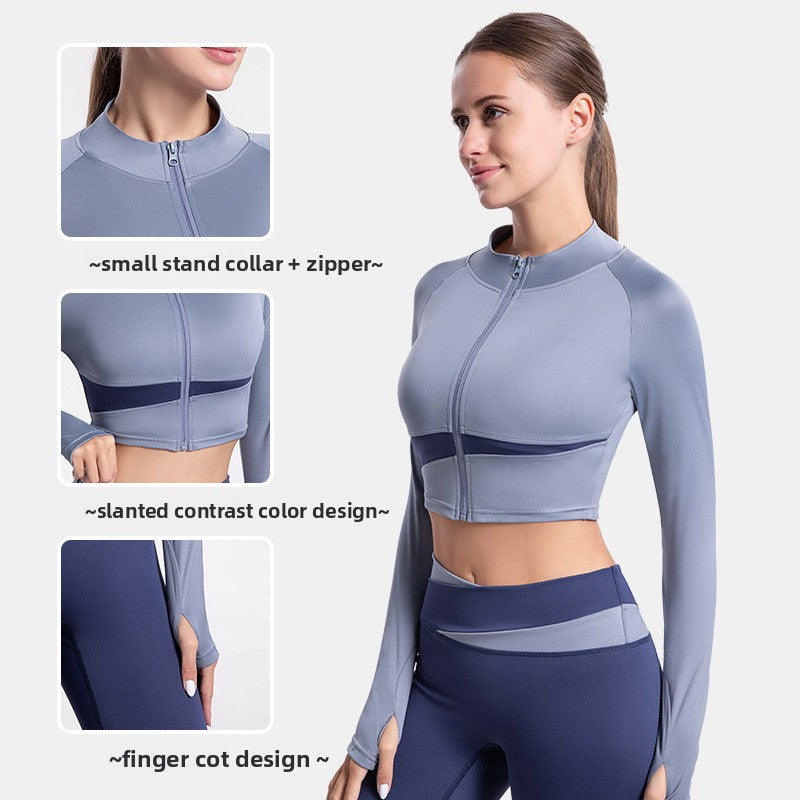 2025 Summer Women’s Two-Tone Yoga Crop Top - High Neck Quick-Dry Outdoor Fitness Activewear