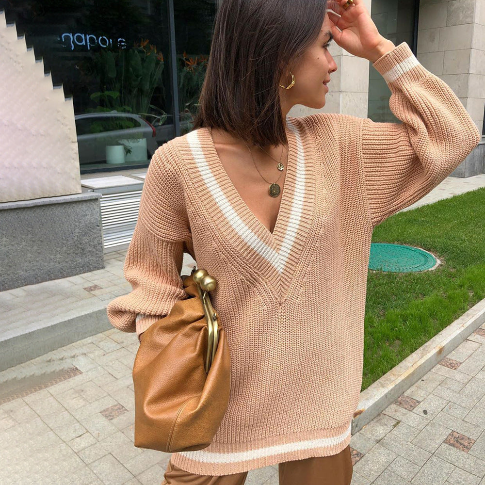2025 New Deep V Neck Loose Knit Sweater Elegant Off Shoulder Womens Fashion Top