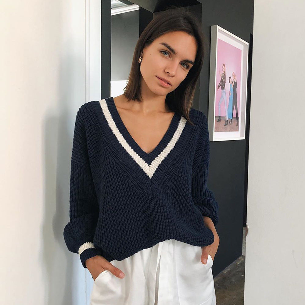 2025 New Deep V Neck Loose Knit Sweater Elegant Off Shoulder Womens Fashion Top