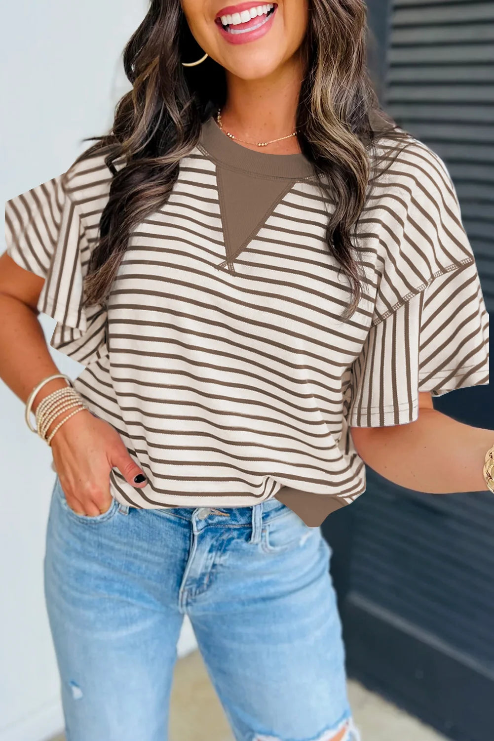 Dear-Lover US Warehouse No Import Charges Wholesale Parchment Contrast Detail Striped Ruffle Short Sleeve Knit Casual Women Tops
