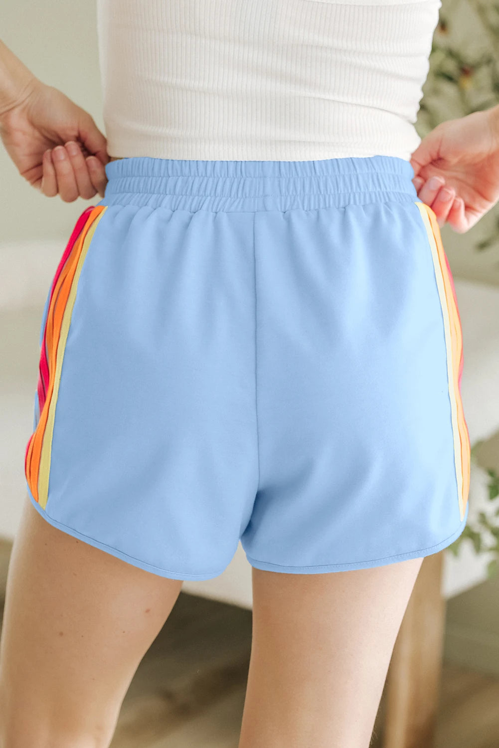 Dear-Lover US Warehouse No Import Charges Beau Blue Color Block Stripes Elastic High Waist Active Casual Shorts for Women