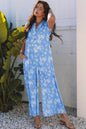 Dear-Lover US Warehouse No Import Charges Myosotis Floral Print Half Button Wide Leg Relaxed Sleeveless Jumpsuit