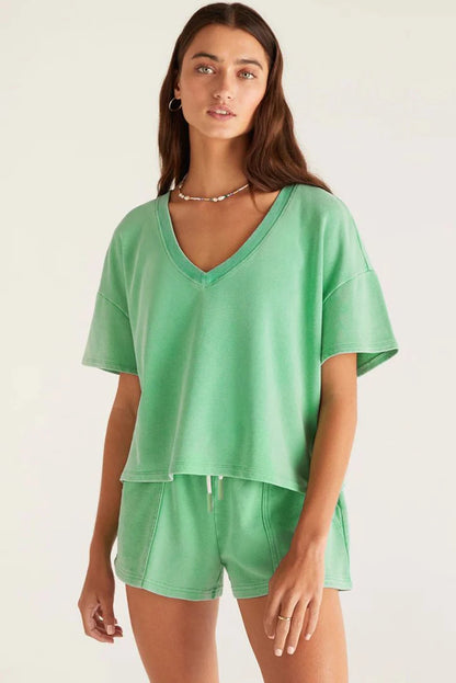Dear-Lover US Warehouse No Import Charges Mint Green V Neck Drop Shoulder Tee and Patchwork Drawstring Shorts Women Set