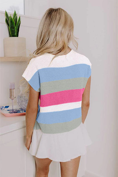 Dear-Lover US Warehouse No Import Charges Light Blue Color Block Notch V Neck Sweater T Shirt