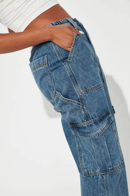 Custom High Quality Plus Size Baggy Jeans Women's Loose Denim Streetwear with Retro Wide Leg Large Pocket Workwear Cargo Pants