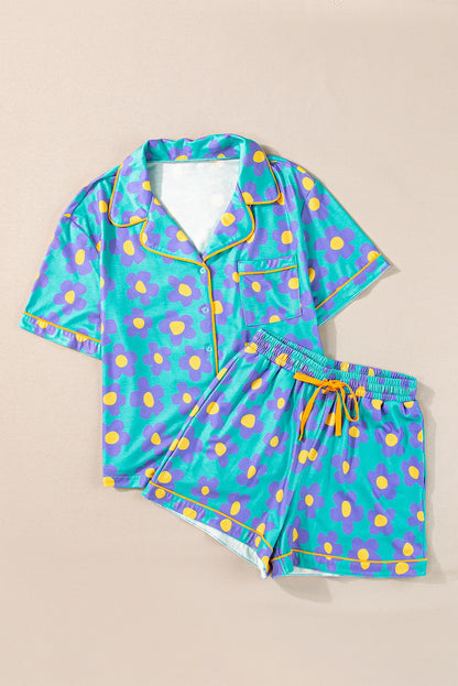 Dear-Lover US Warehouse No Import Charges Green Flower Print Short Sleeve Shirt Pajamas Set Women