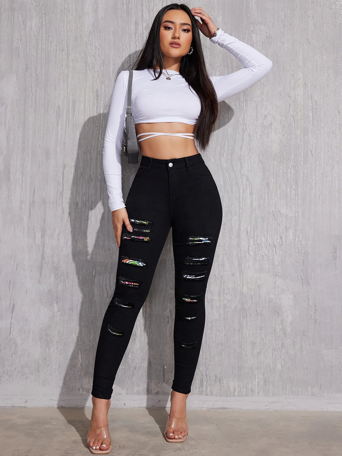 China Manufacturer Women Fashion Black Stretchy Mid Waist Ripped Feet Long Legging Pencil Denim Jeans Pants With Wholesale Price
