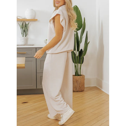 Dear-Lover US Warehouse No Import Charges Women Casual Textured Ruffled Sleeve Zipped Top and Wide Leg Pants 2 Piece Set Women